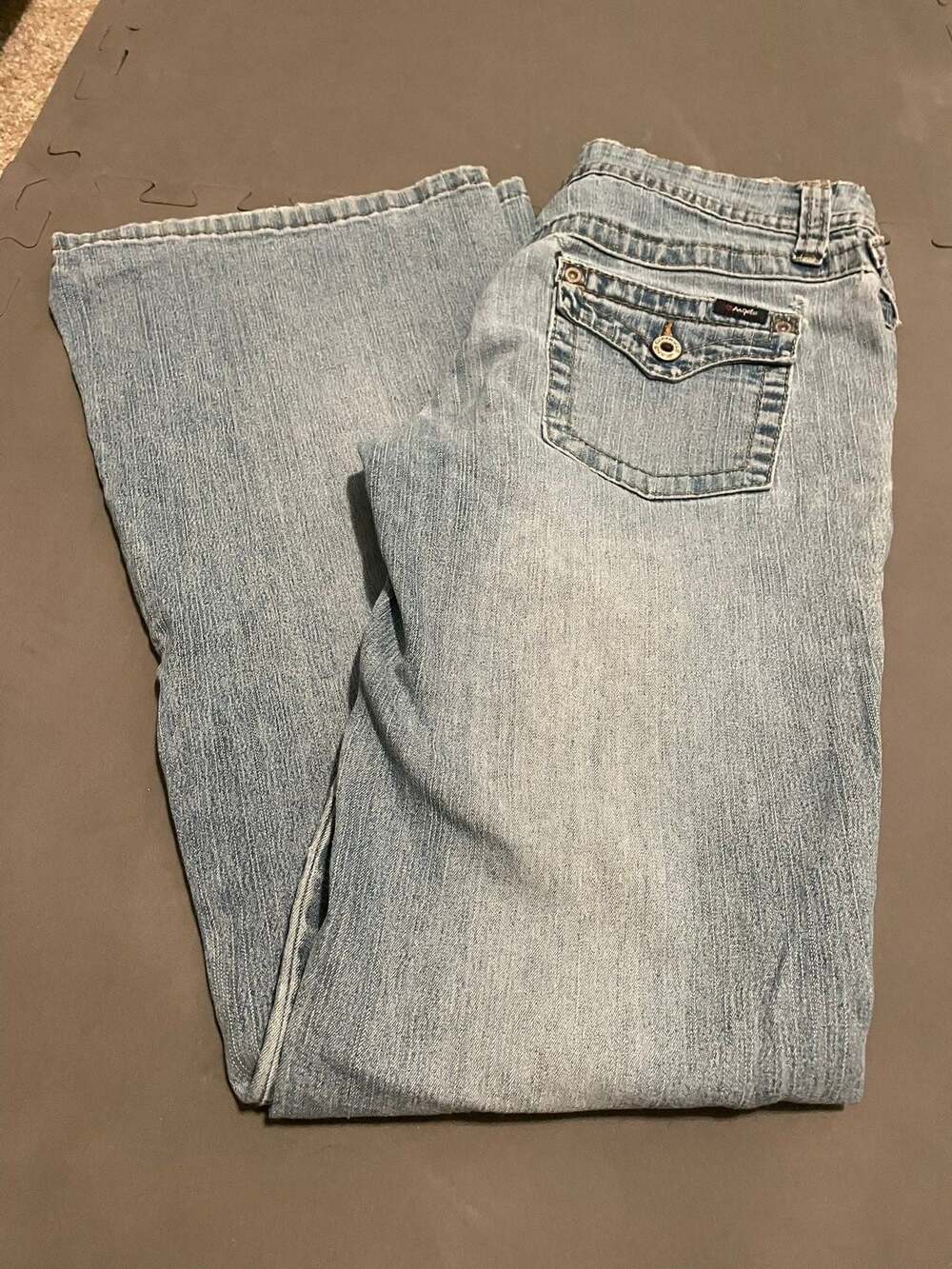 Angels Jeans Women's Light Wash Flare Leg Denim Pants with Flap Pockets
